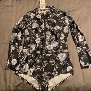 Black floral one piece rash guard